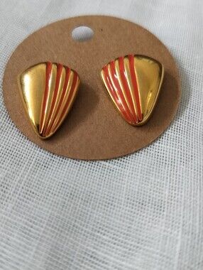 Vintage 1980s Geometric Gold-Tone & Orange Enamel Stud Earrings Signed JS